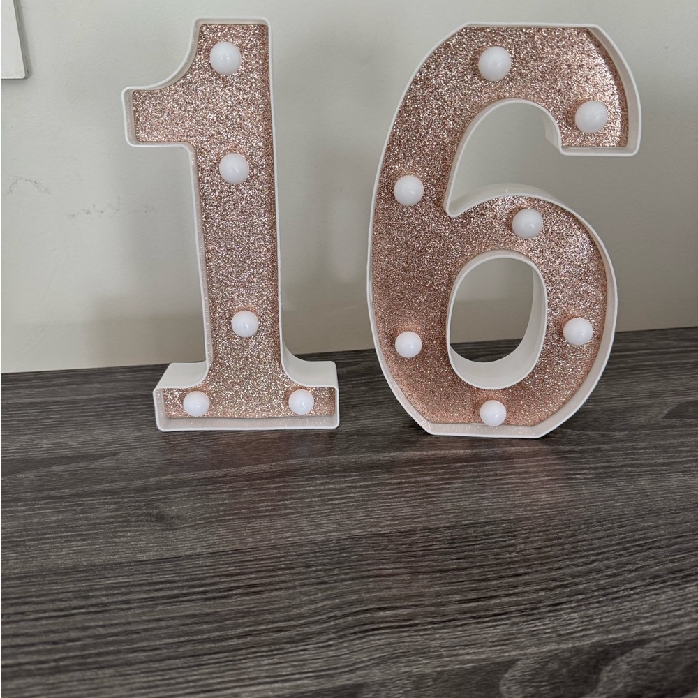 Rose Gold Glitter Number 16 LED Light